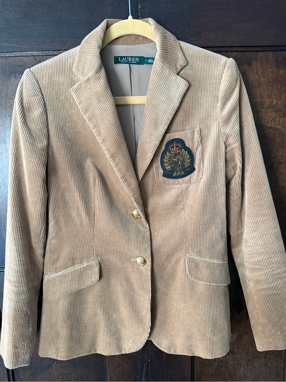 Lauren Ralph Lauren Beige Corduroy Blazer with Embroidered Crest